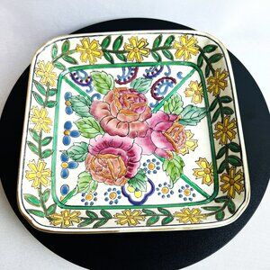 Floral Embossed Vintage Trinket Dish Pink Cabbage Rose Flowers Square Vanity 6"